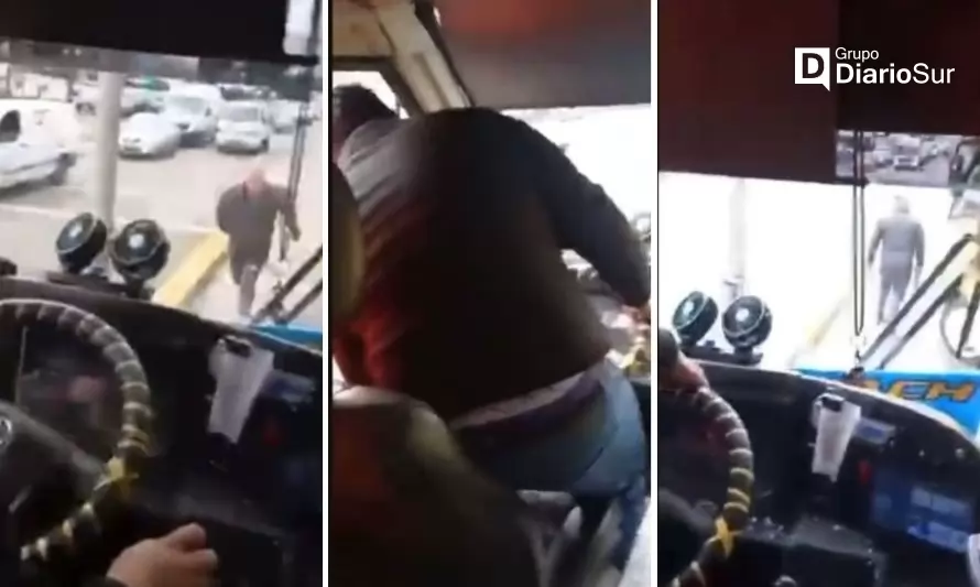 Captan agresión de micrero en Valdivia: rompió el vidrio y golpeó a colega 